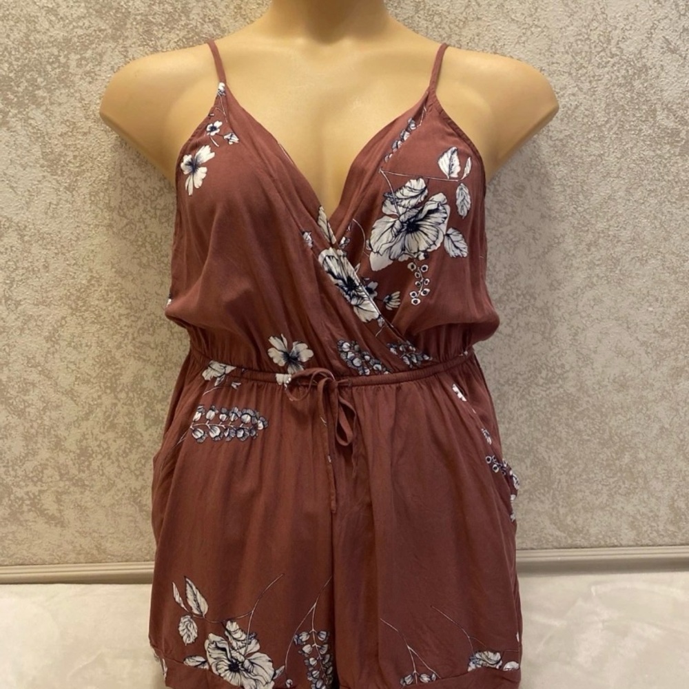 Express Chocolate Brown Floral Drawstring Waist Romper with Spaghetti Straps